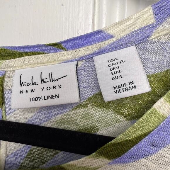 Abstract Linen Blouse Womens Large Purple Green Short Sleeve Beachy Summer - Picture 2 of 6